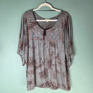 One World Womens 1X Multicolor Embroidered Floral Paisley Tie Front Top Goblin